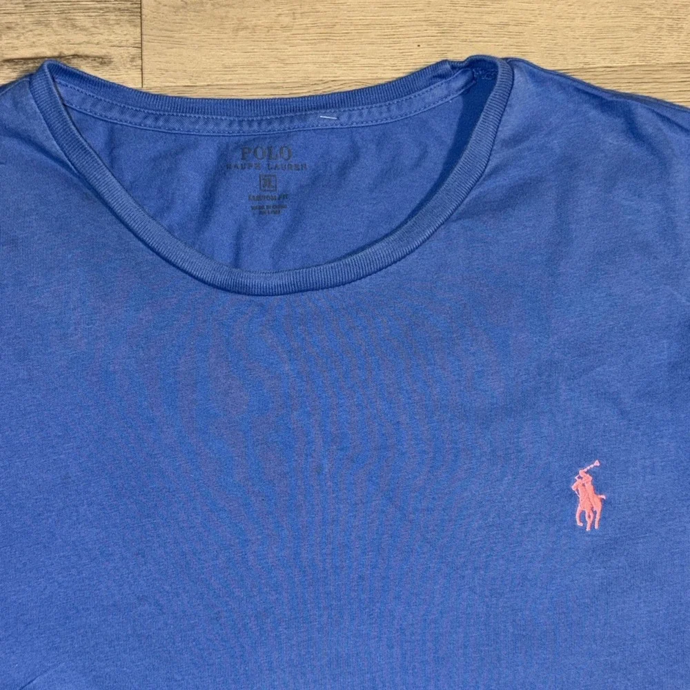 Polo Ralph Lauren Custom Fit T Shirt XL Blue‎ Short Sleeve Pink Pony Tee Mens
